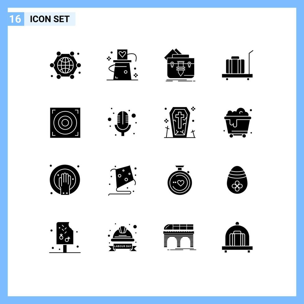 conjunto de pictogramas de 16 glifos sólidos simples de arquivo de maleta de mágico de bagagem de escala elementos de design de vetores editáveis