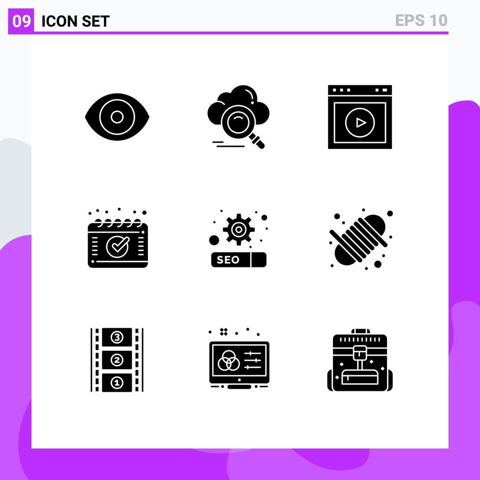 grupo de símbolos de ícone universal de 9 glifos sólidos modernos de engrenagem calendário acesso nomeação elementos de design de vetores editáveis na web