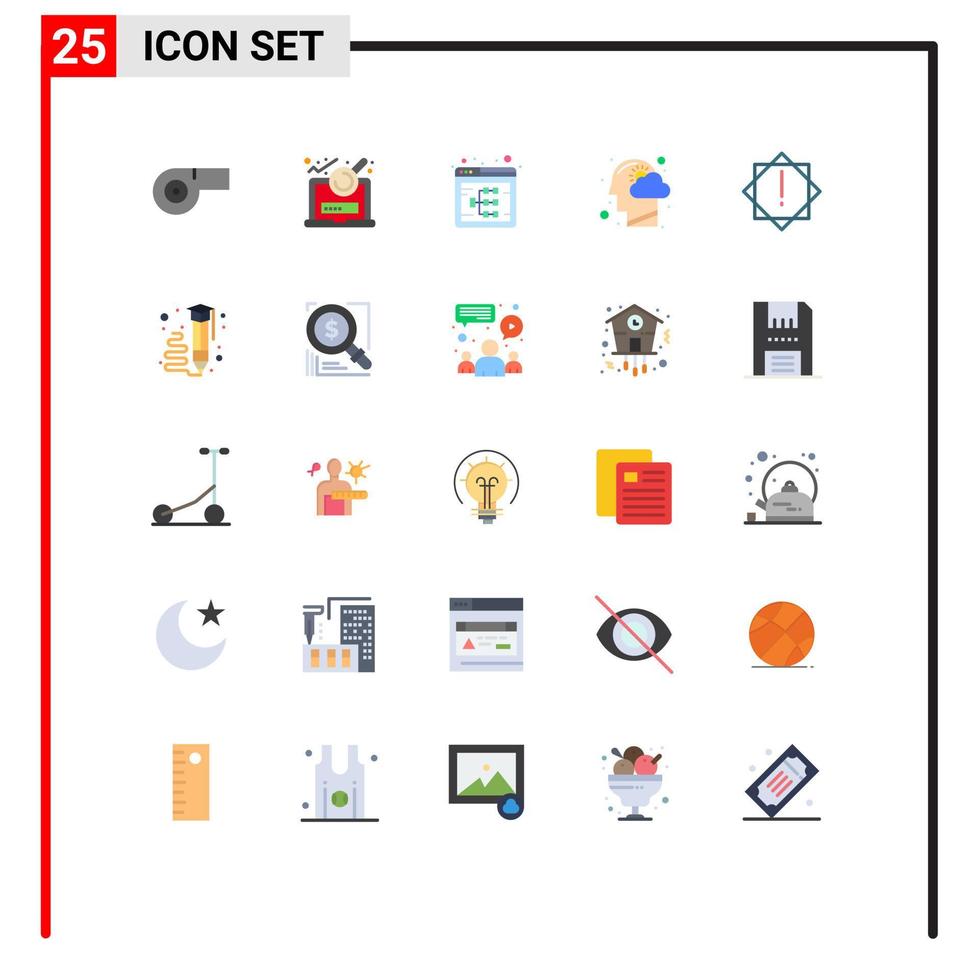 pacote de cores planas de 25 símbolos universais de pensamento de vírus seo mind head elementos de design de vetores editáveis