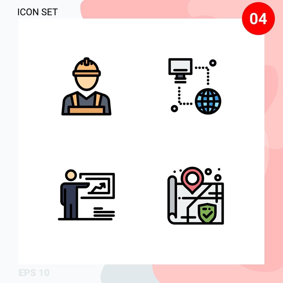4 sinais de cor plana universal preenchidos símbolos de trabalho homem solução trabalhador computador negócios elementos de design de vetores editáveis