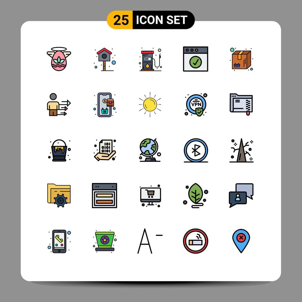 conjunto de cores planas de linha cheia de interface móvel de 25 pictogramas de pacote de caixa de gás completa elementos de design de vetores editáveis