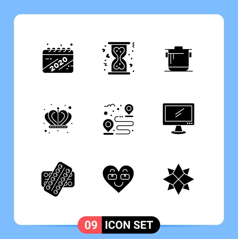 conjunto de glifos sólidos de interface móvel de 9 pictogramas de elementos de design de vetores editáveis de coroa de fogão de destino de rota