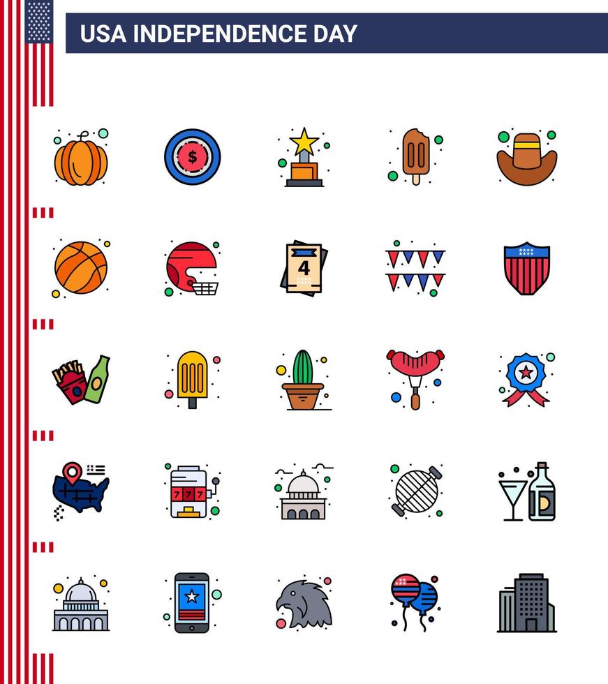 pacote de ícones de vetores de estoque do dia americano 25 sinais e símbolos de linha plana preenchida para futebol americano chapéu de troféu americano editável elementos de design de vetor de dia dos eua