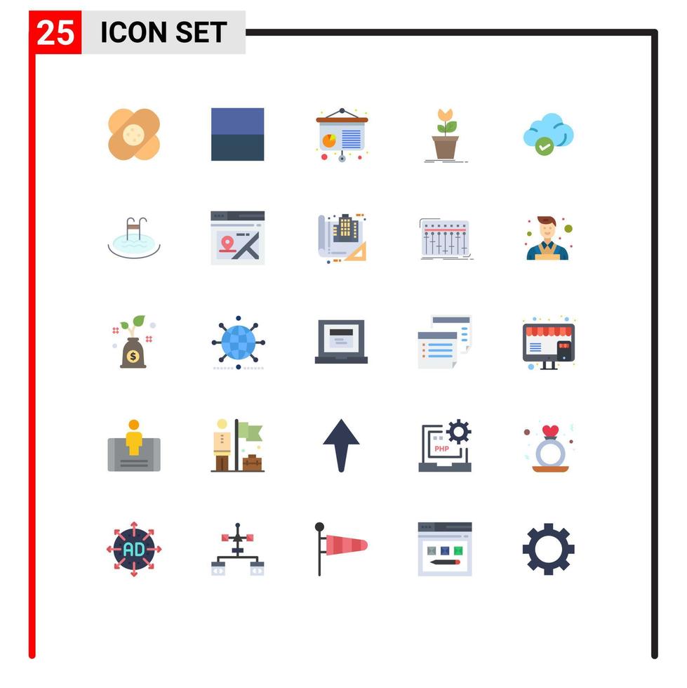conjunto de cores planas de interface móvel de 25 pictogramas de planta de conferência em nuvem de armazenamento mario elementos de design de vetores editáveis