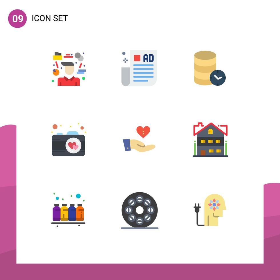 conjunto de 9 sinais de símbolos de ícones de interface do usuário modernos para dicas de fotos de caridade câmera web elementos de design de vetores editáveis