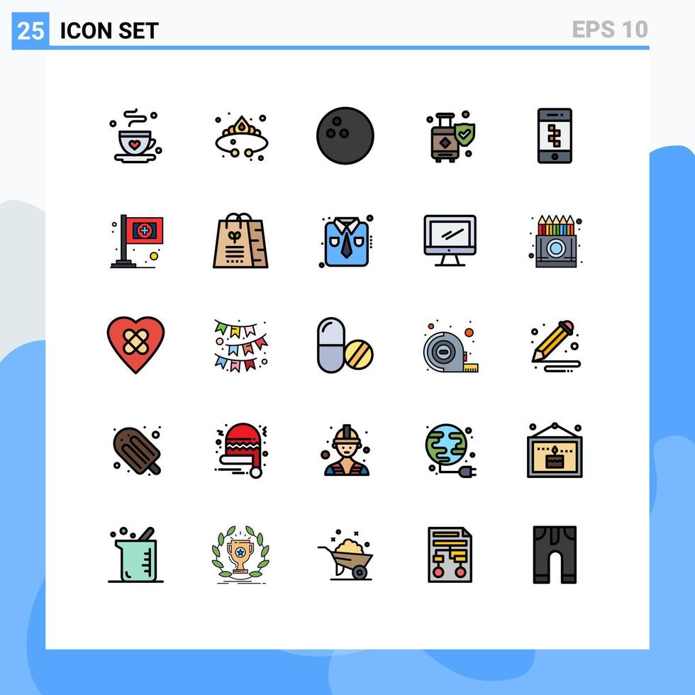 conjunto de pictogramas de 25 cores planas de linha preenchida simples de aplicativos para smartphone mala de luxo bagagem elementos de design vetorial editáveis vetor