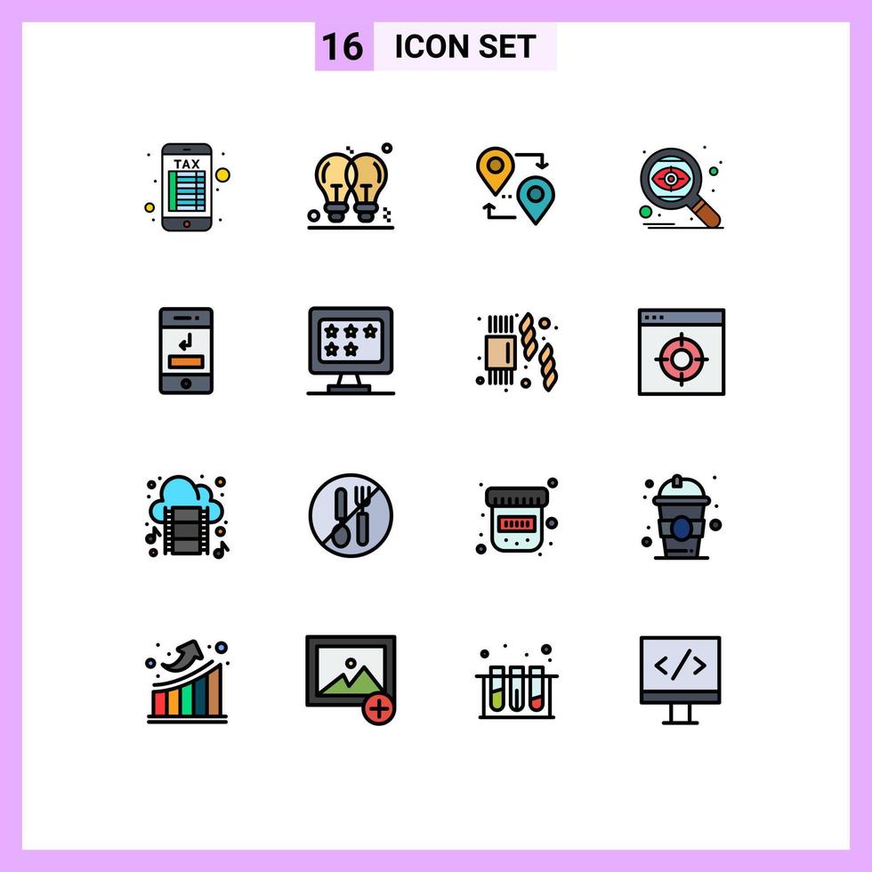 conjunto de pictogramas de 16 linhas simples preenchidas de cores planas de localização de olho de chamada segmentando elementos de design de vetores criativos editáveis de pesquisa
