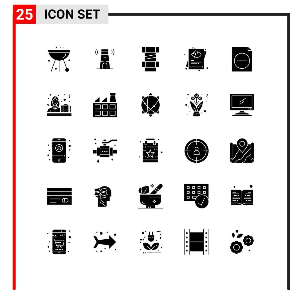 conjunto moderno de 25 glifos e símbolos sólidos, como elementos de design de vetores editáveis de coração de amor da torre de exclusão