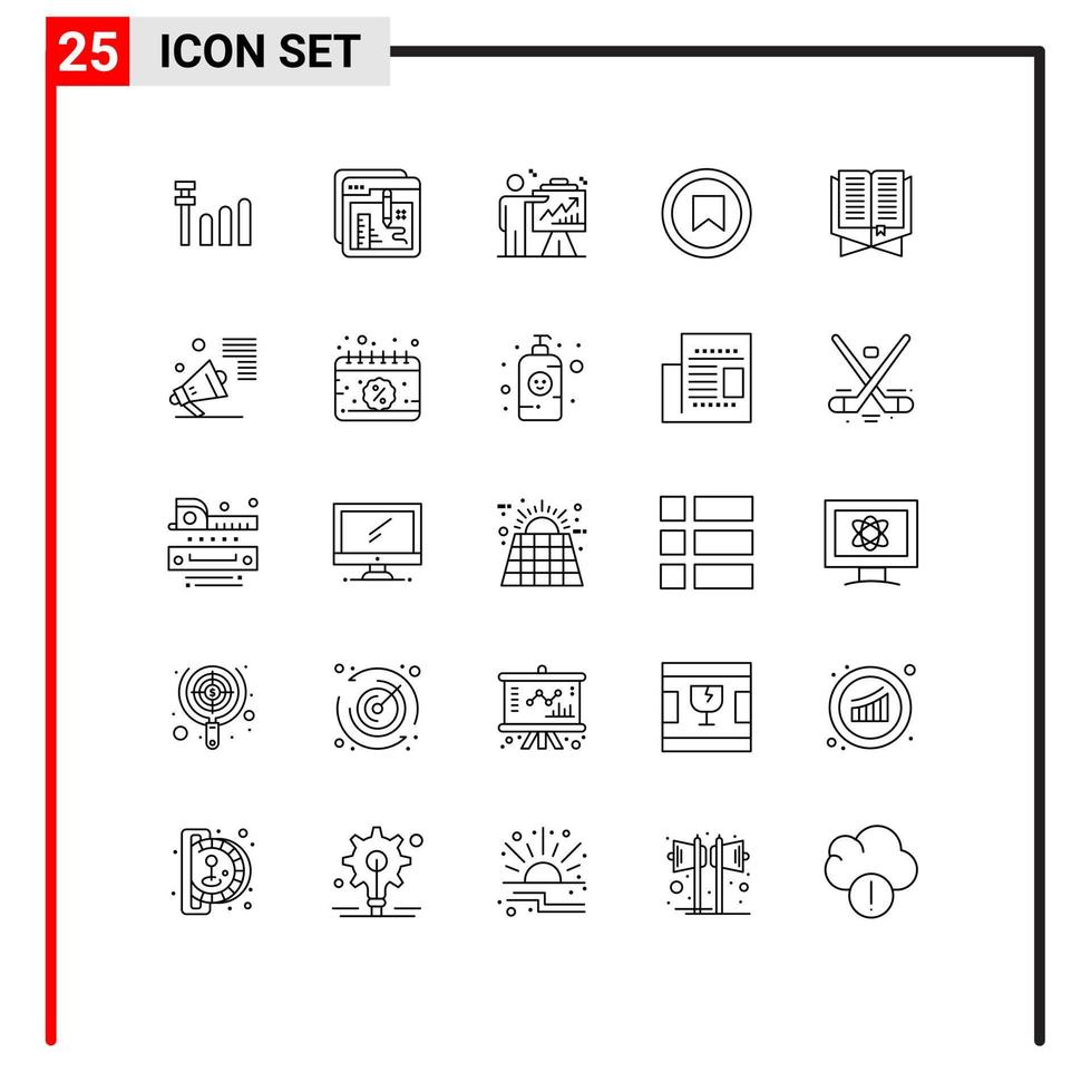 conjunto de linha de interface móvel de 25 pictogramas de elementos de design de vetores editáveis de interface de marca de negócios de usuário de livro