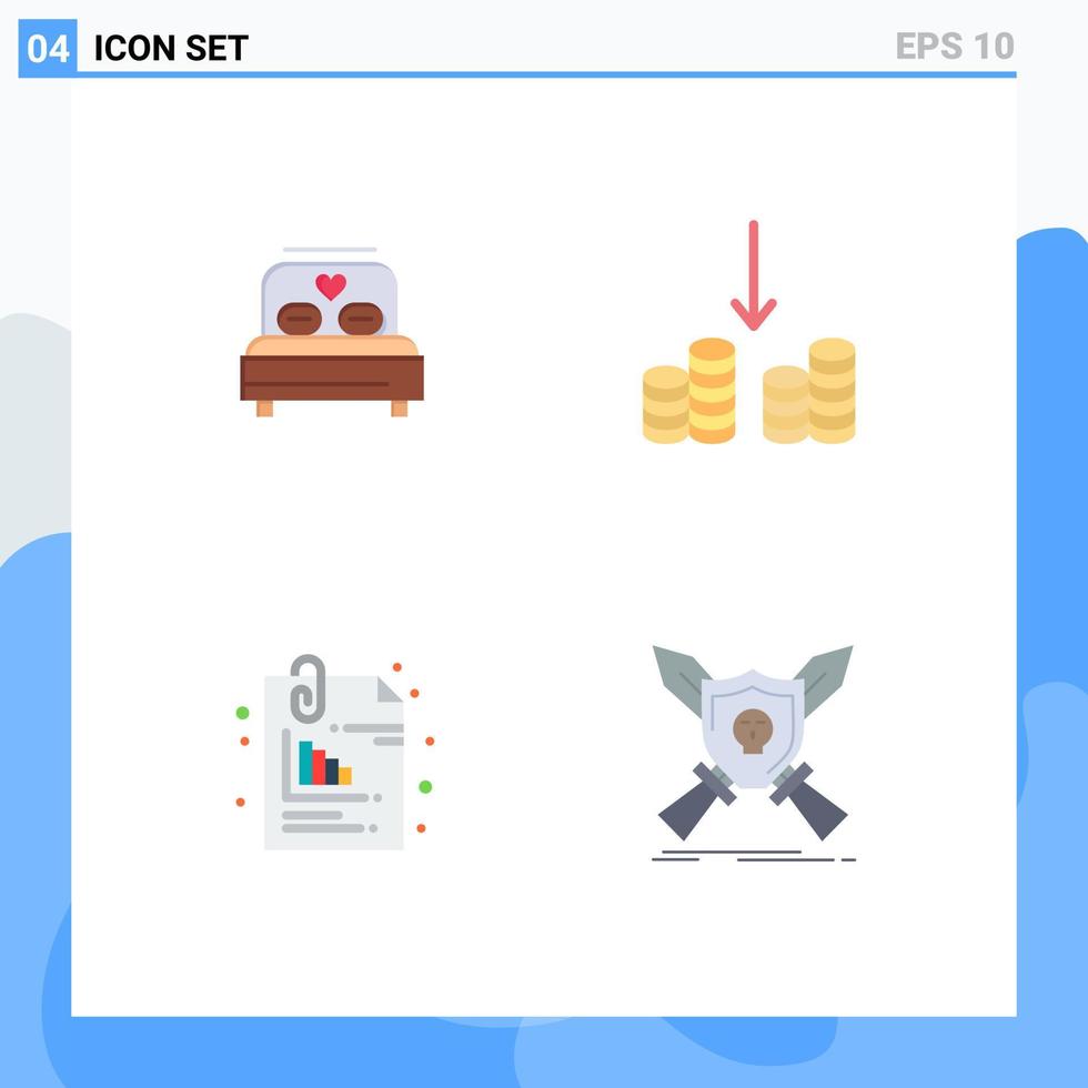 pacote de 4 sinais e símbolos de ícones planos modernos para mídia impressa na web, como arquivos de cama, pinos de dinheiro de casamento, elementos de design vetorial editáveis vetor