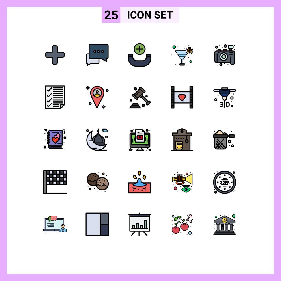 Pacote de cores planas de linha cheia de 25 interfaces de sinais modernos e símbolos de elementos de design de vetores editáveis de vidro de chamada de foto de verificação