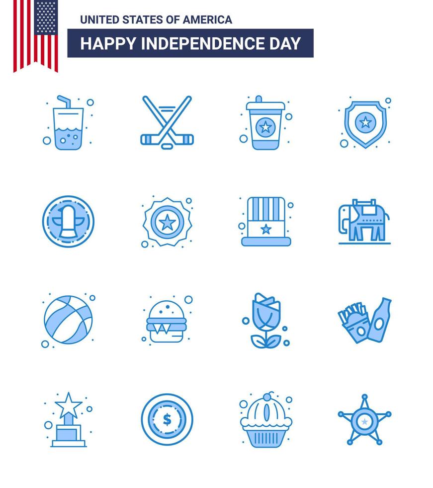 feliz dia da independência 4 de julho conjunto de 16 pictograma americano de blues de celebração sinal de bebida americana polícia editável dia dos eua vetor elementos de design