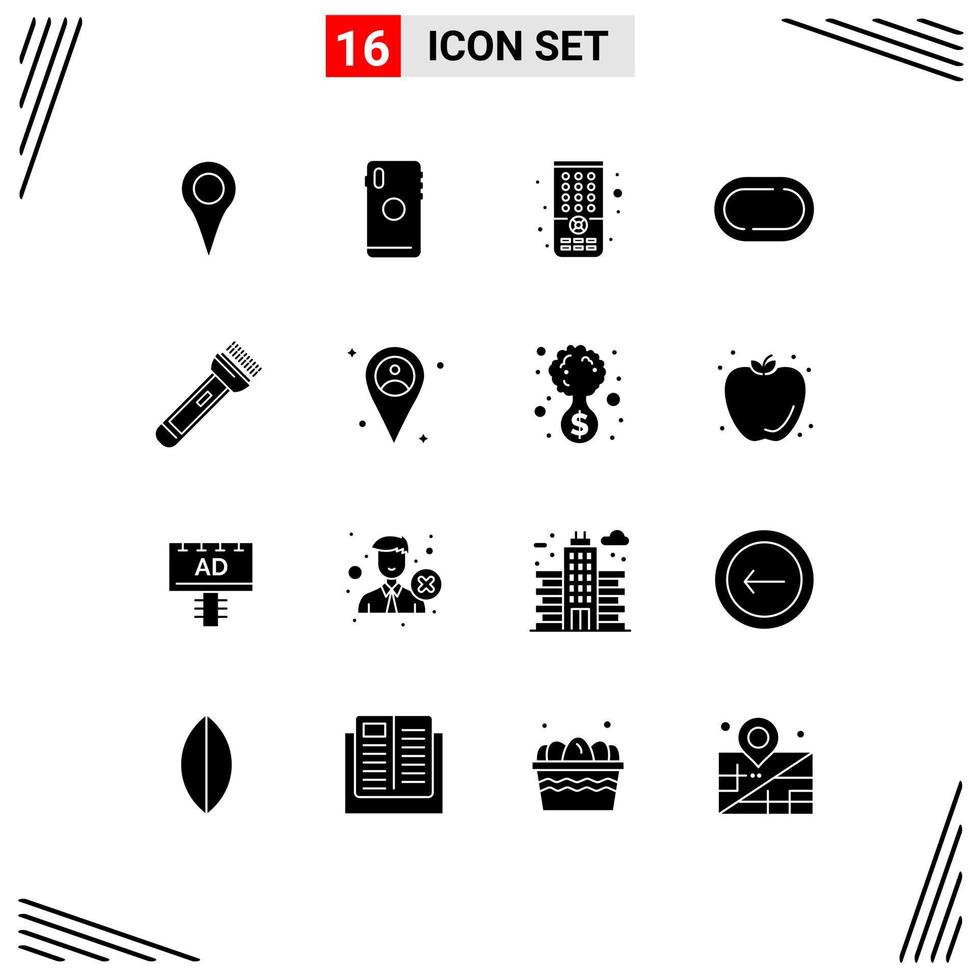 grupo de símbolos de ícones universais de 16 glifos sólidos modernos de flash, tocha, câmera, trilha, estrada, elementos de design de vetores editáveis