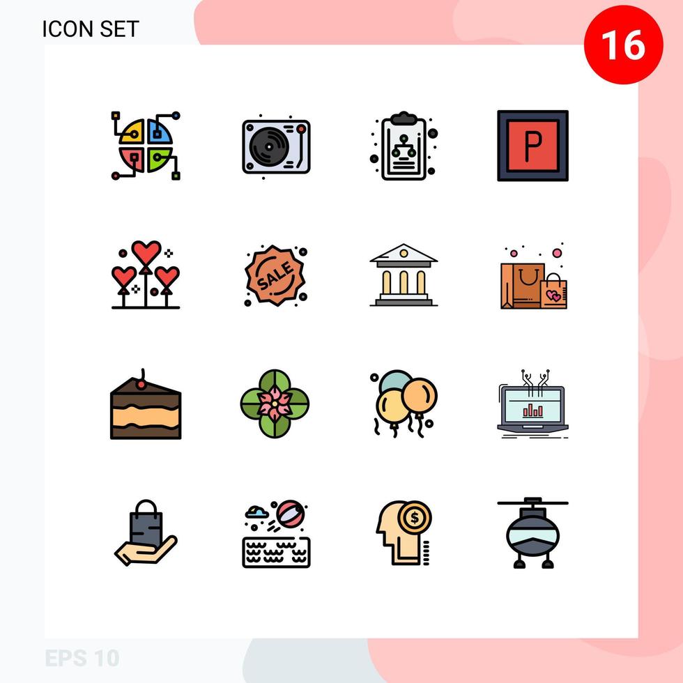 16 interface do usuário pacote de linha cheia de cores planas de sinais e símbolos modernos de rótulo dia dos namorados balão de festa editável elementos de design de vetor criativo