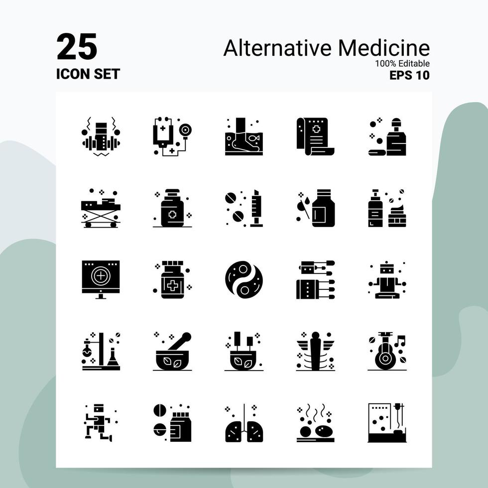 25 conjunto de ícones de medicina alternativa 100 eps editáveis 10 arquivos idéias de conceito de logotipo de negócios design de ícone de glifo sólido vetor