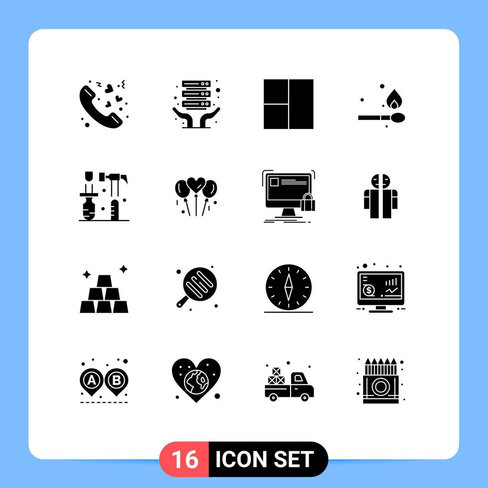 16 sinais de glifos sólidos universais símbolos de ferramentas de amor layout chave de fenda construção elementos de design de vetores editáveis