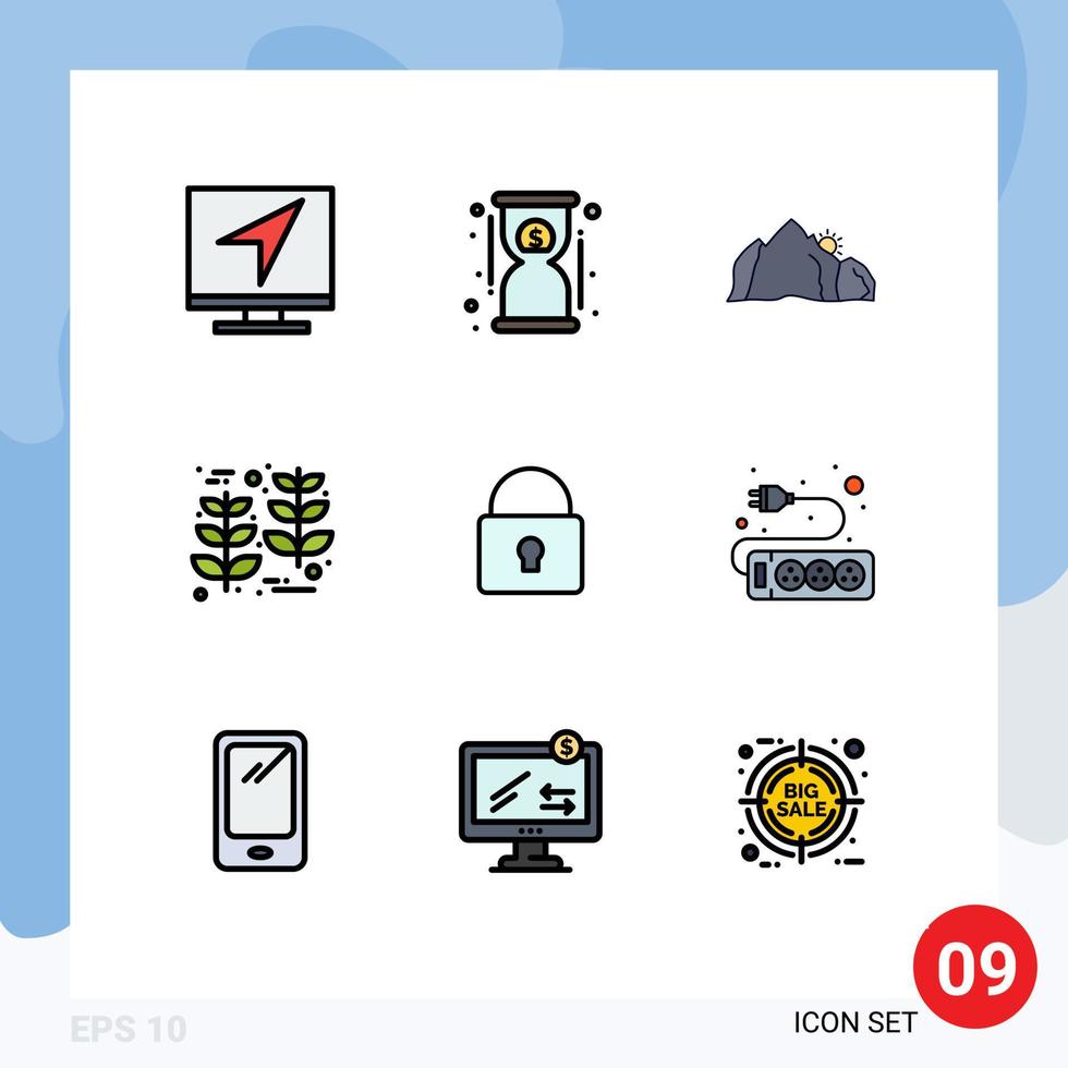 9 interface do usuário pacote de cores planas de linha cheia de sinais e símbolos modernos de elementos de design de vetores editáveis de montanha de grãos rápidos de colheita de trigo