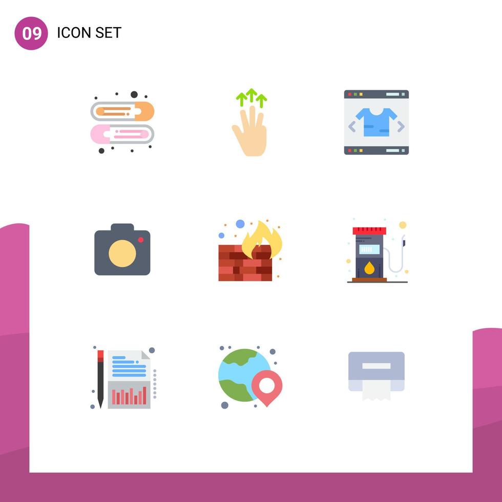 pacote de linha vetorial editável de 9 cores planas simples de imagem de firewall, câmera fotográfica de negócios, elementos de design vetorial editáveis vetor