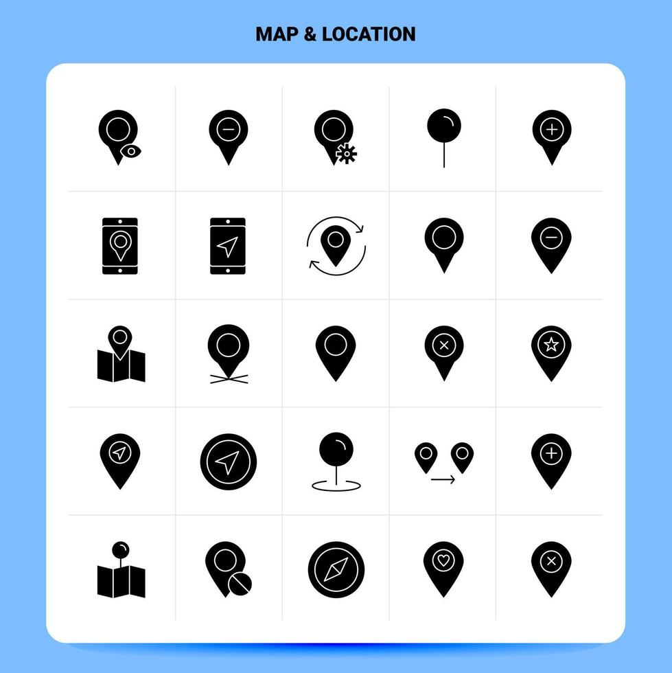 conjunto de ícones de localização de mapa sólido 25 design de estilo glifo vetorial conjunto de ícones pretos web e design de ideias de negócios móveis ilustração vetorial vetor