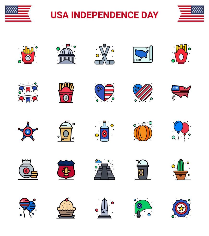 dia da independência dos eua linha plana preenchida conjunto de 25 pictogramas dos eua dos estados dos eua mapa branco americano editável dia dos eua vetor elementos de design