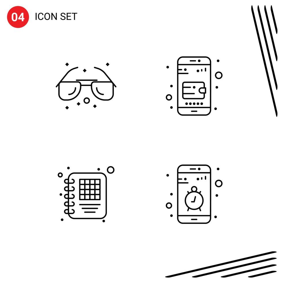 4 símbolos de sinais de linha universais de bolsa de óculos de sol de gerenciamento de praia contato elementos de design de vetores editáveis