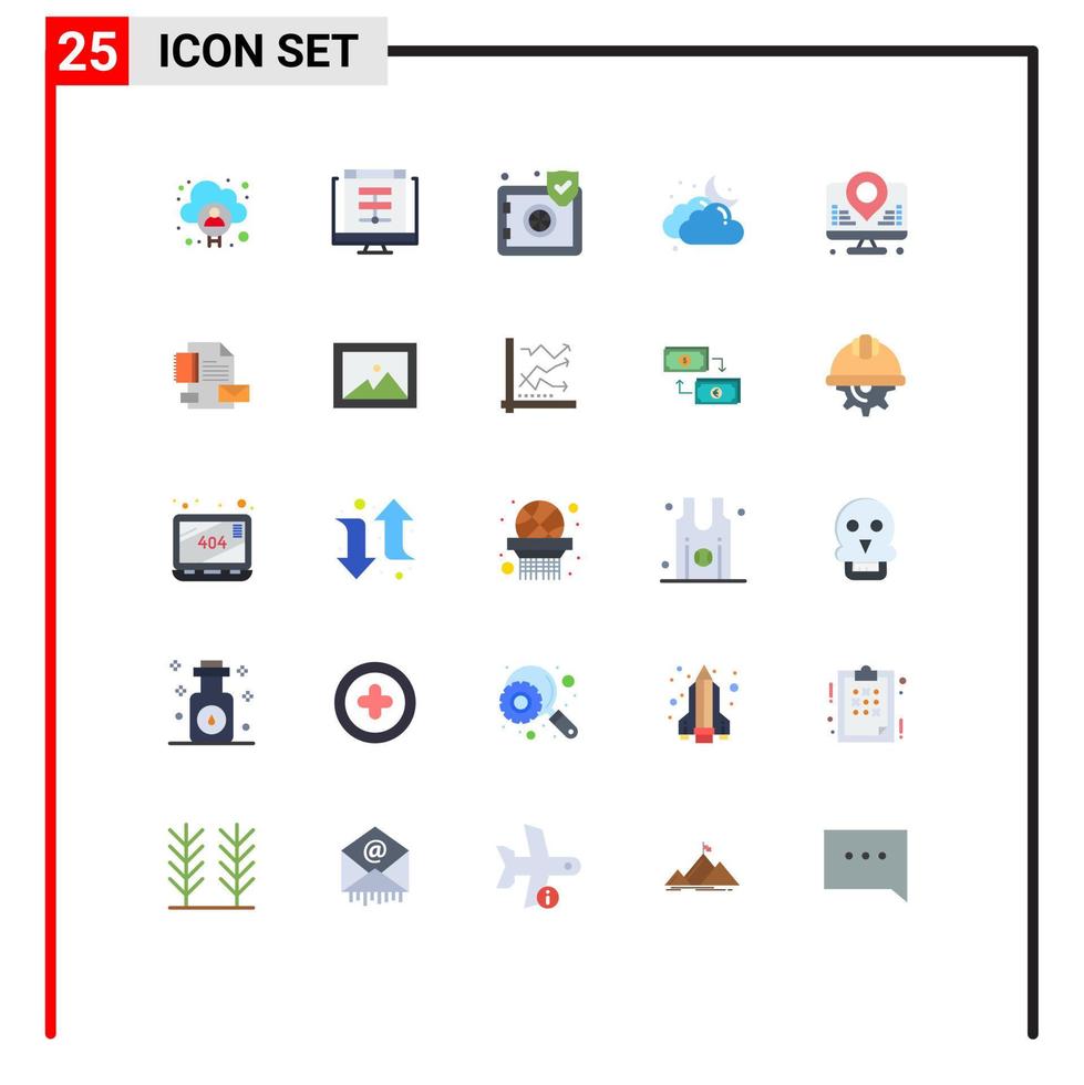 25 sinais universais de cores planas símbolos de desenvolvimento lua sever segurança nublada elementos de design de vetores editáveis