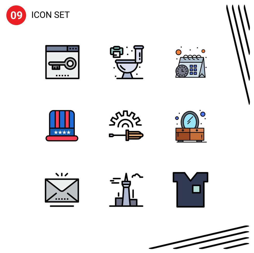 pacote de interface do usuário de 9 cores planas básicas de linha preenchida de chave de fenda calendário eua cap elementos de design de vetores editáveis
