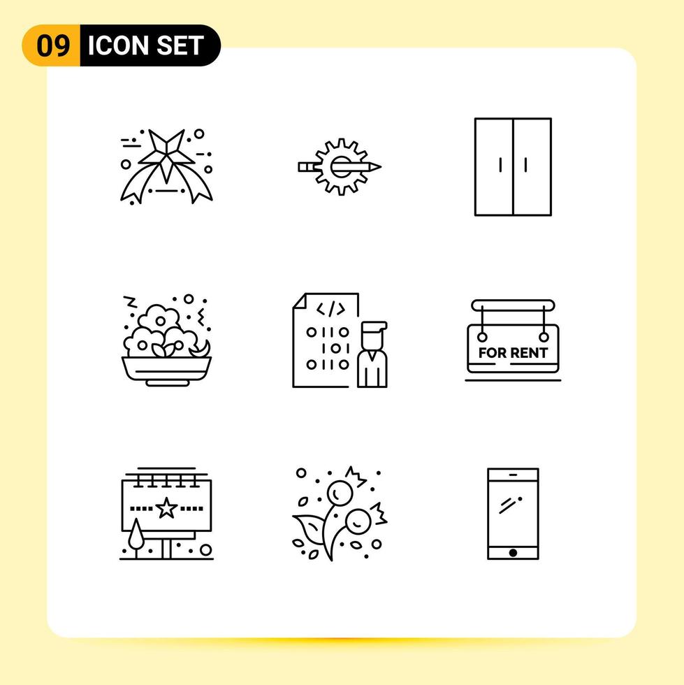 pacote de 9 esboços criativos de codificação de elementos de design de vetores editáveis de guarda-roupa de comida de produção de refeições