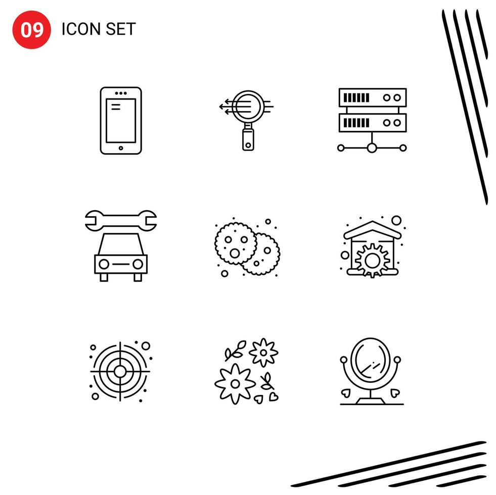 conjunto de esboço de interface móvel de 9 pictogramas de elementos de design de vetores editáveis de carro de serviço de zoom de pão holi