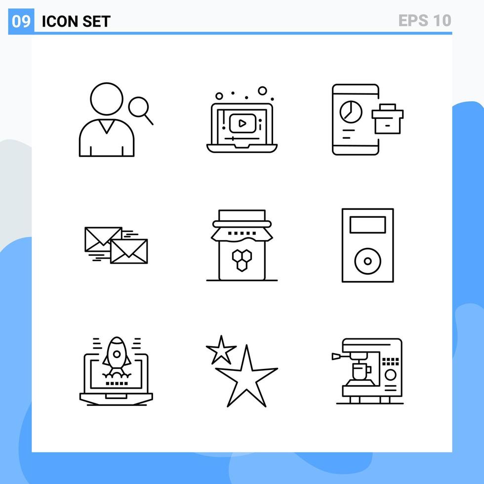ícones de estilo moderno de 9 linhas delineiam símbolos para uso geral sinal de ícone de linha criativa isolado em fundo branco 9 ícones embalam fundo de vetor de ícone preto criativo