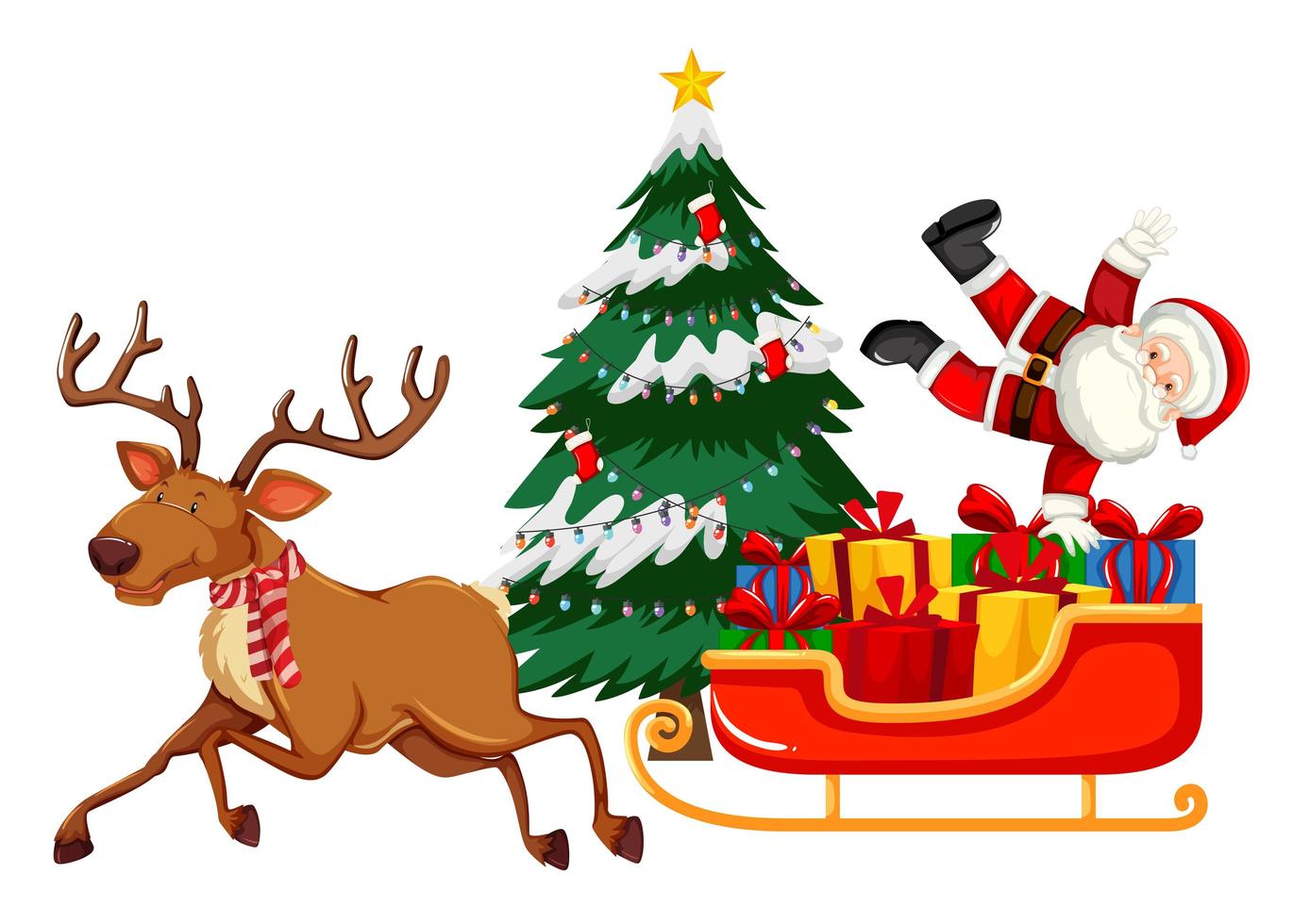 Papai Noel com muitos presentes em um trenó com renas em fundo branco vetor