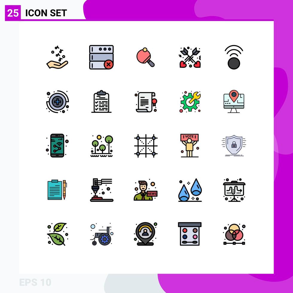 grupo de 25 sinais e símbolos de cores planas de linha preenchida para conexão wi-fi pong amor carinho elementos de design de vetores editáveis