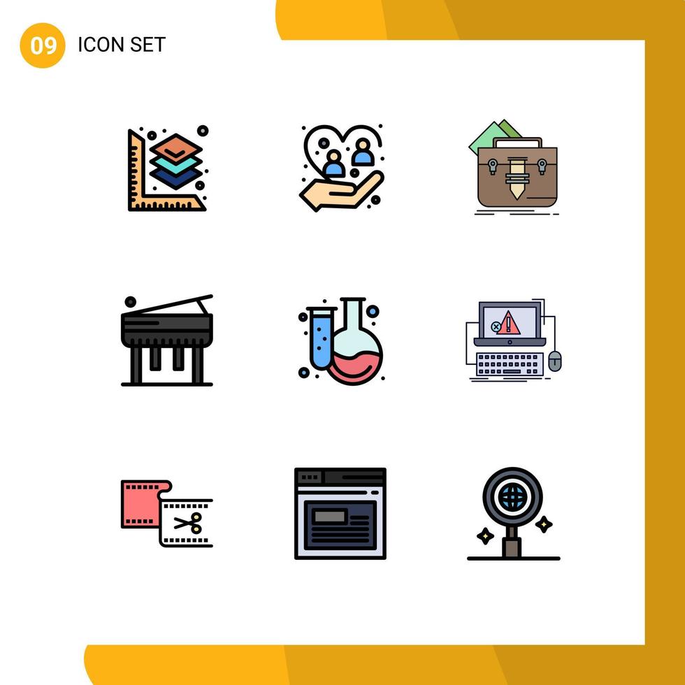 pacote de linha vetorial editável de 9 cores planas de linha preenchida simples de portfólio de piano de química maleta de música elementos de design vetorial editável vetor