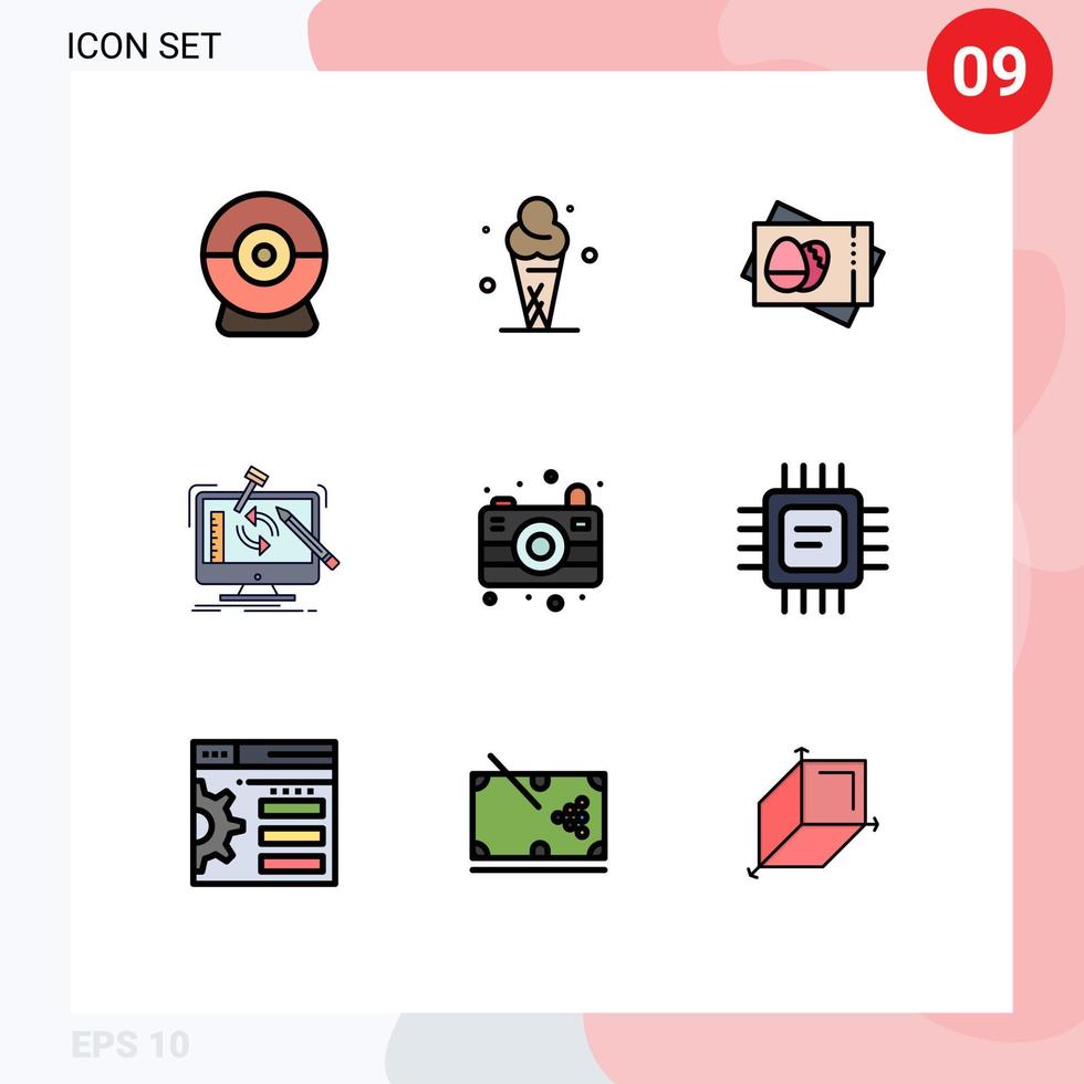 grupo de 9 cores planas de linhas preenchidas modernas definidas para processamento de imagens projeto de oficina de ovos editáveis elementos de design vetorial vetor