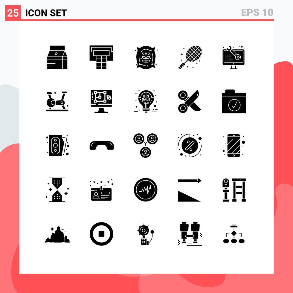 grupo de 25 glifos sólidos modernos definidos para saco de codificação da web elementos de design vetoriais editáveis de foguete de tênis vetor