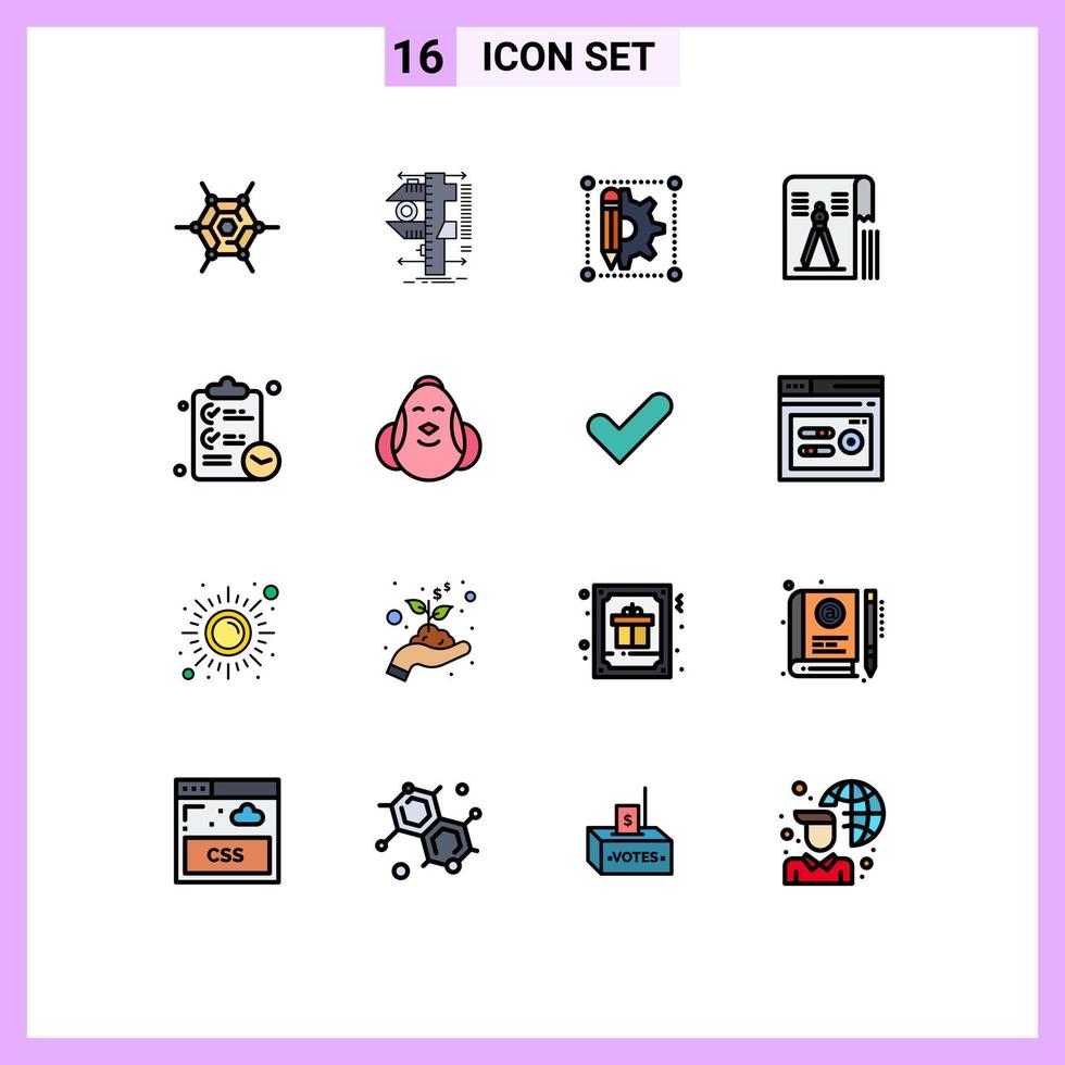 pacote de 16 sinais e símbolos modernos de linhas cheias de cores planas para mídia impressa na web, como ferramenta criativa de geometria de lista de verificação, bússola, elementos de design de vetores criativos editáveis