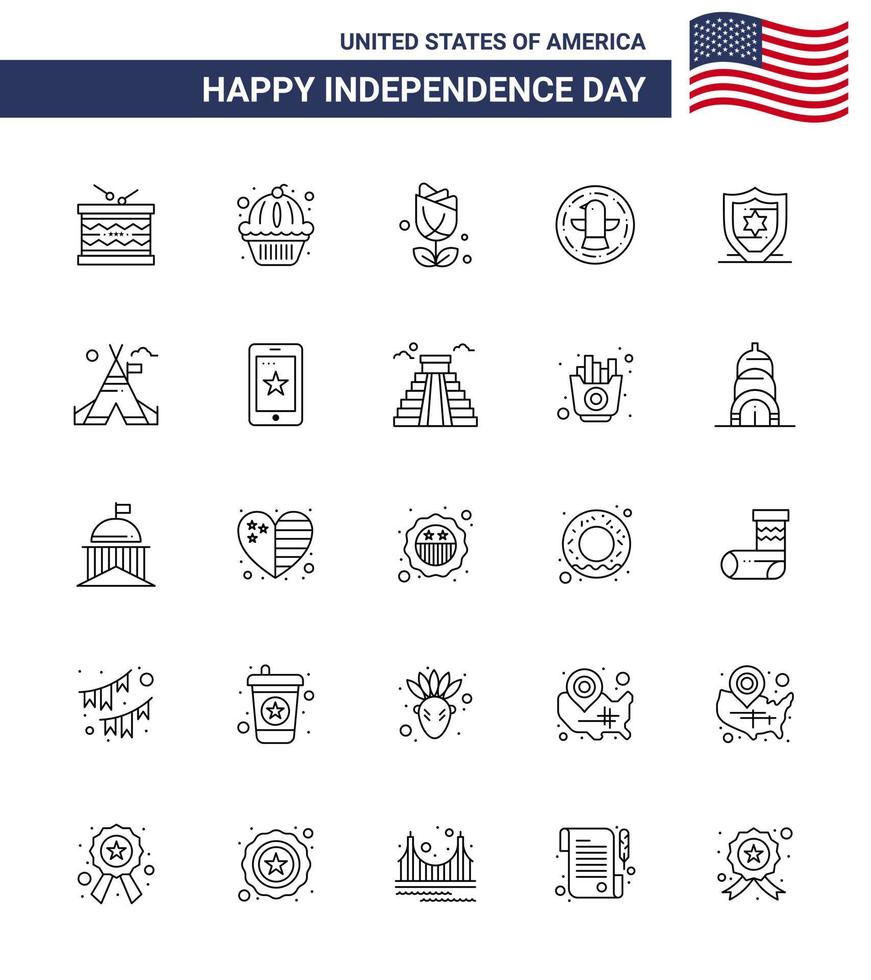 25 sinais de linha dos eua símbolos de celebração do dia da independência da celebração americana bolo pássaro abundância editável elementos de design do vetor do dia dos eua