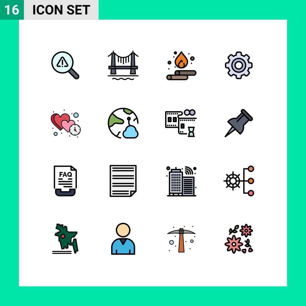 Pacote de linhas preenchidas com cores planas de 16 interfaces de sinais e símbolos modernos de engrenagem de queda de roda do coração, elementos de design de vetores criativos editáveis básicos