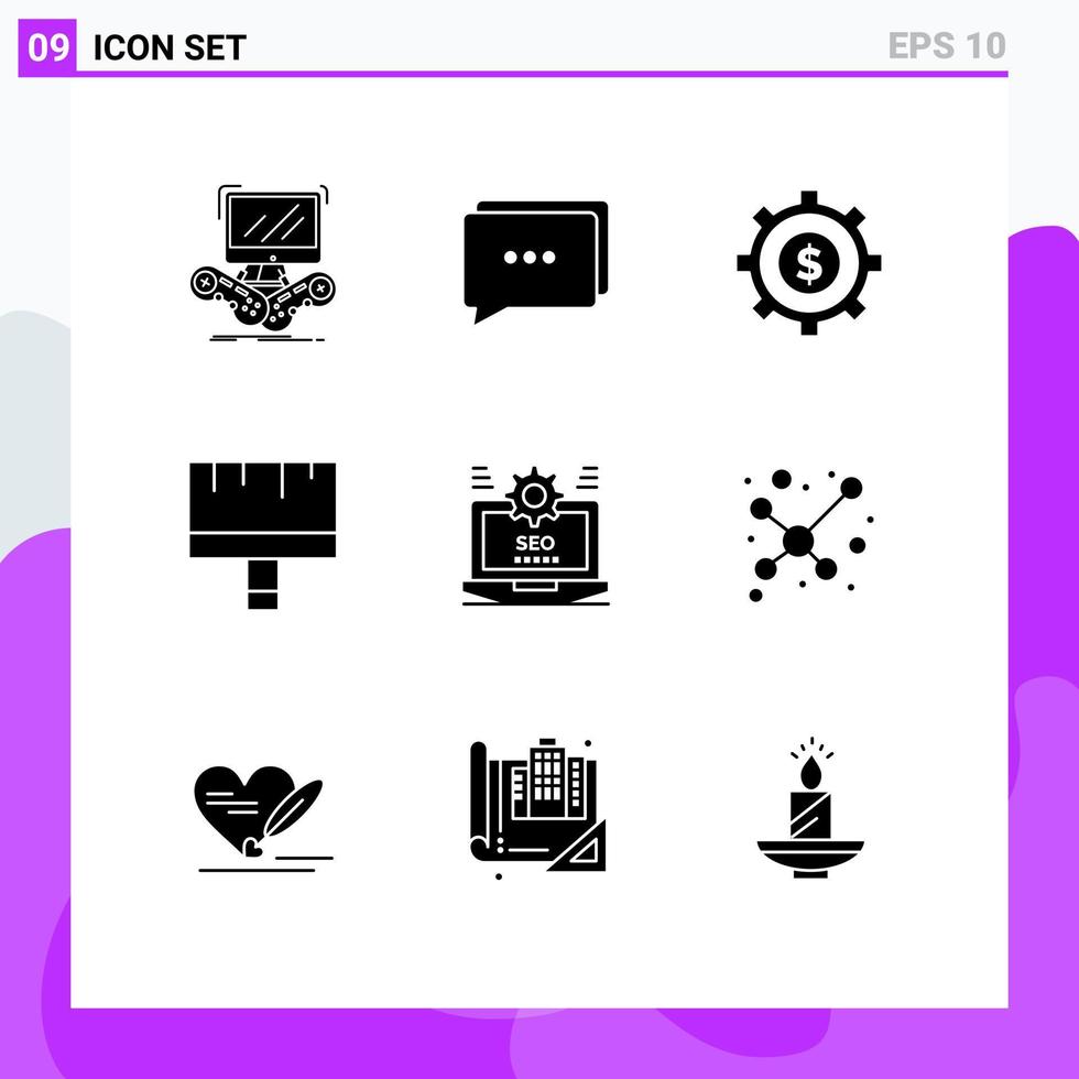 9 interface do usuário pacote de glifos sólidos de sinais e símbolos modernos de ferramentas de orçamento de seo da web pincelam elementos de design de vetores editáveis