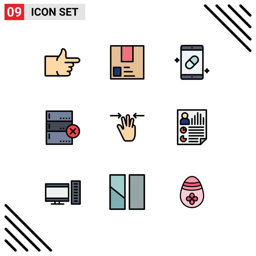 Conceito de cor plana de 9 linhas preenchidas para sites móveis e aplicativos, gestos, envio de dados, cancelamento de elementos de design de vetores editáveis de remédios