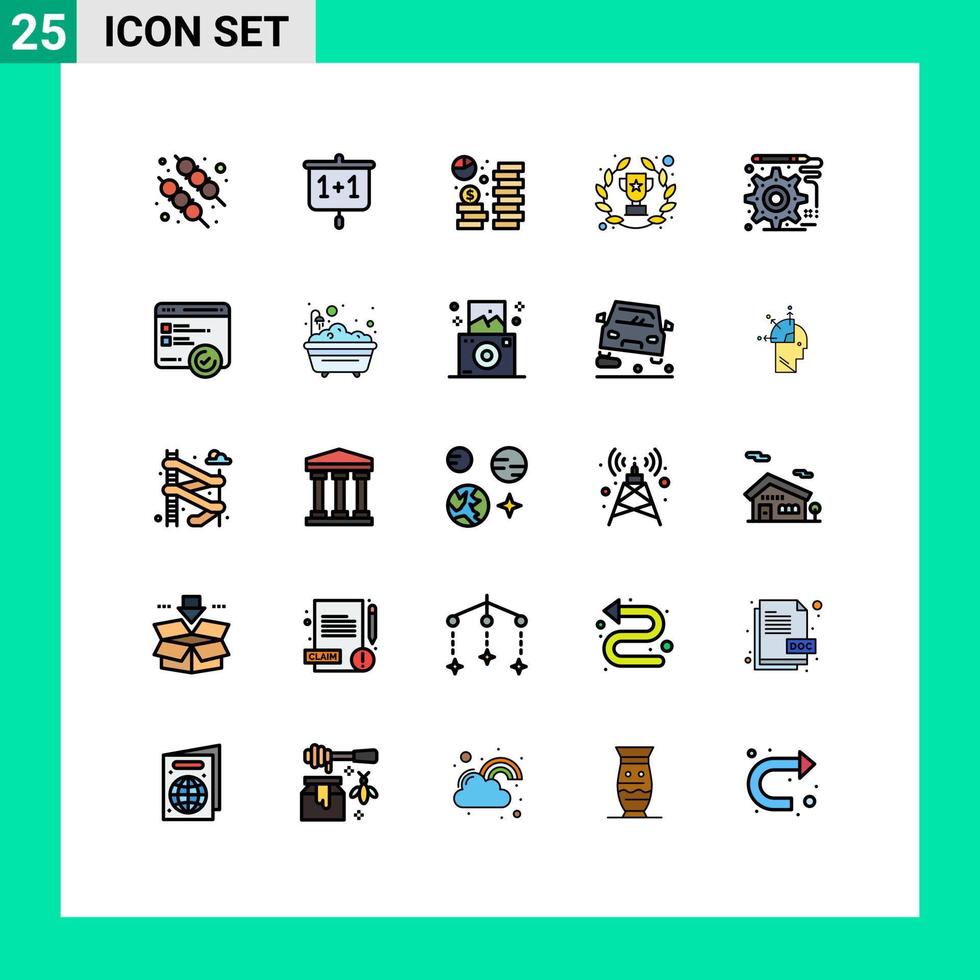 conjunto de pictogramas de 25 cores planas de linha preenchida simples de sucesso de desenvolvimento moeda louro trigo alcançar elementos de design de vetores editáveis