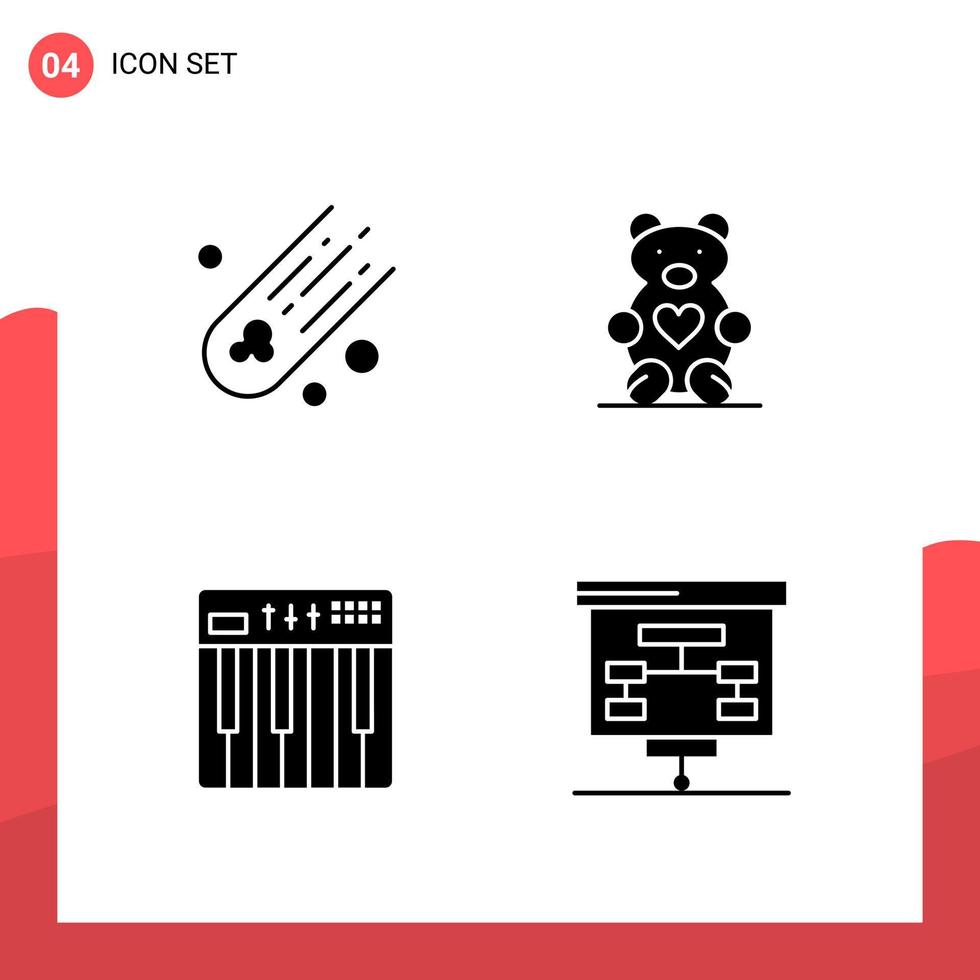 pacote de 4 ícones de glifos universais para mídia impressa em fundo branco criativo ícone preto vector background