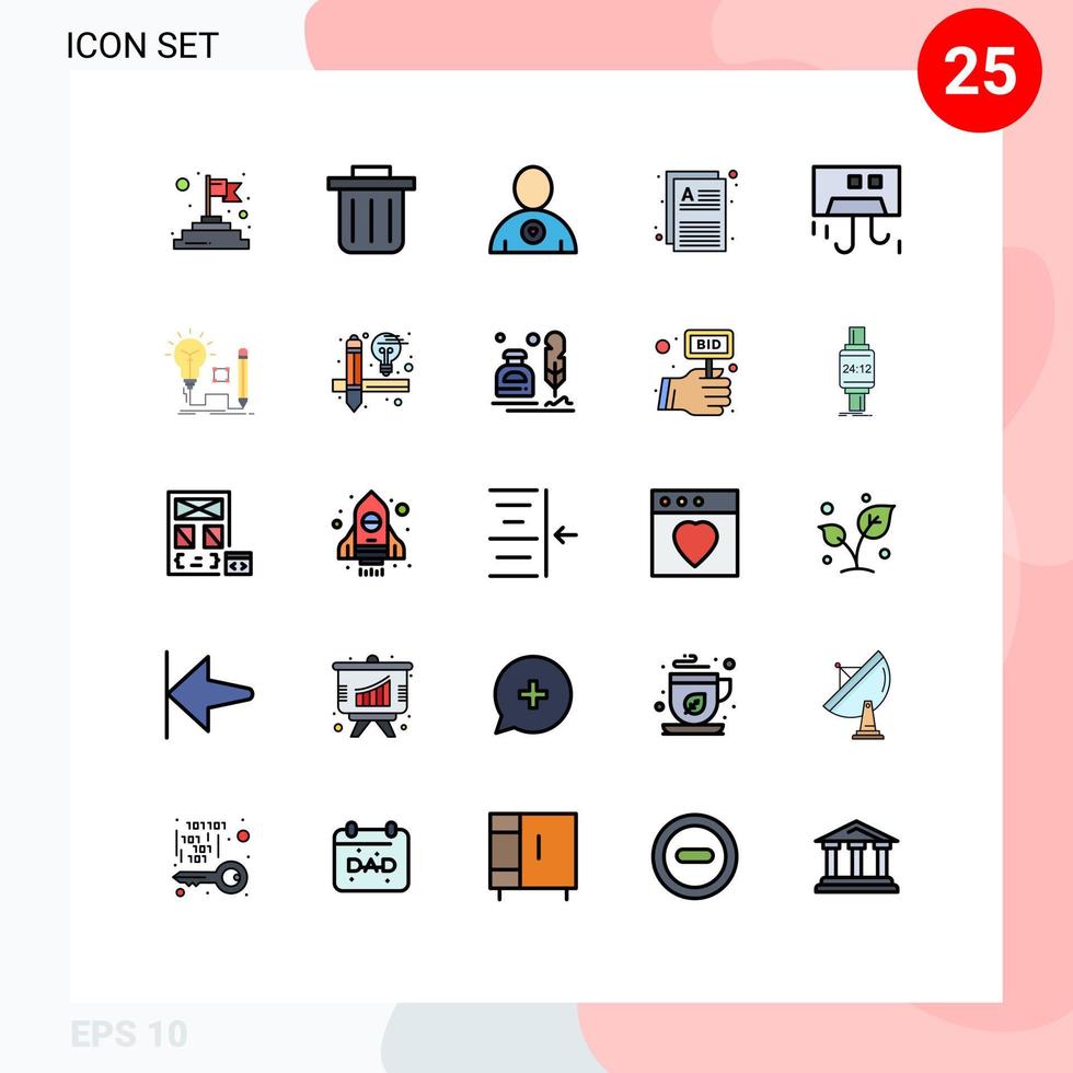 Pacote de cores planas de linha preenchida de 25 interfaces de sinais modernos e símbolos de dispositivos de arquivos de hardware de insight condicionam elementos de design vetorial editáveis vetor
