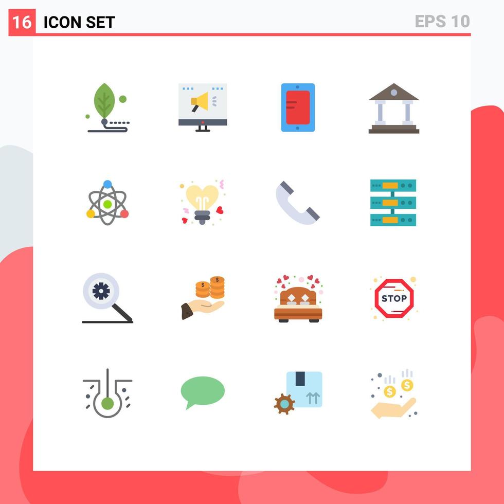 Pacote de cores planas de 16 interfaces de usuário de sinais e símbolos modernos do pacote editável de escola de construção on-line de tribunal atômico de elementos de design de vetores criativos
