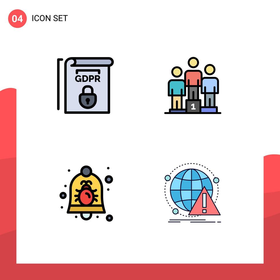 conjunto de 4 pacotes comerciais de cores planas de linha preenchida para elementos de design de vetores editáveis de notificação de pódio de termos de alarme gdpr