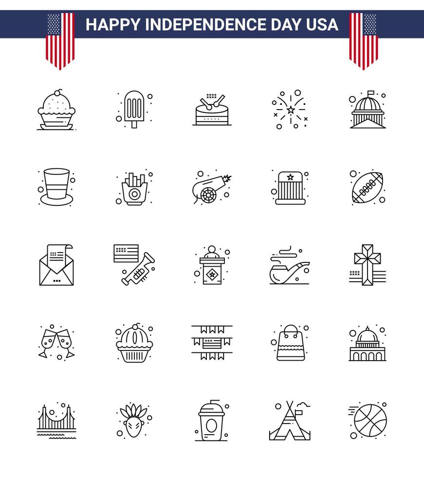 pacote de ícones de vetores de ações do dia americano 25 sinais e símbolos de linha para casa eua tambor fogos de artifício americanos editáveis elementos de design de vetores do dia dos eua