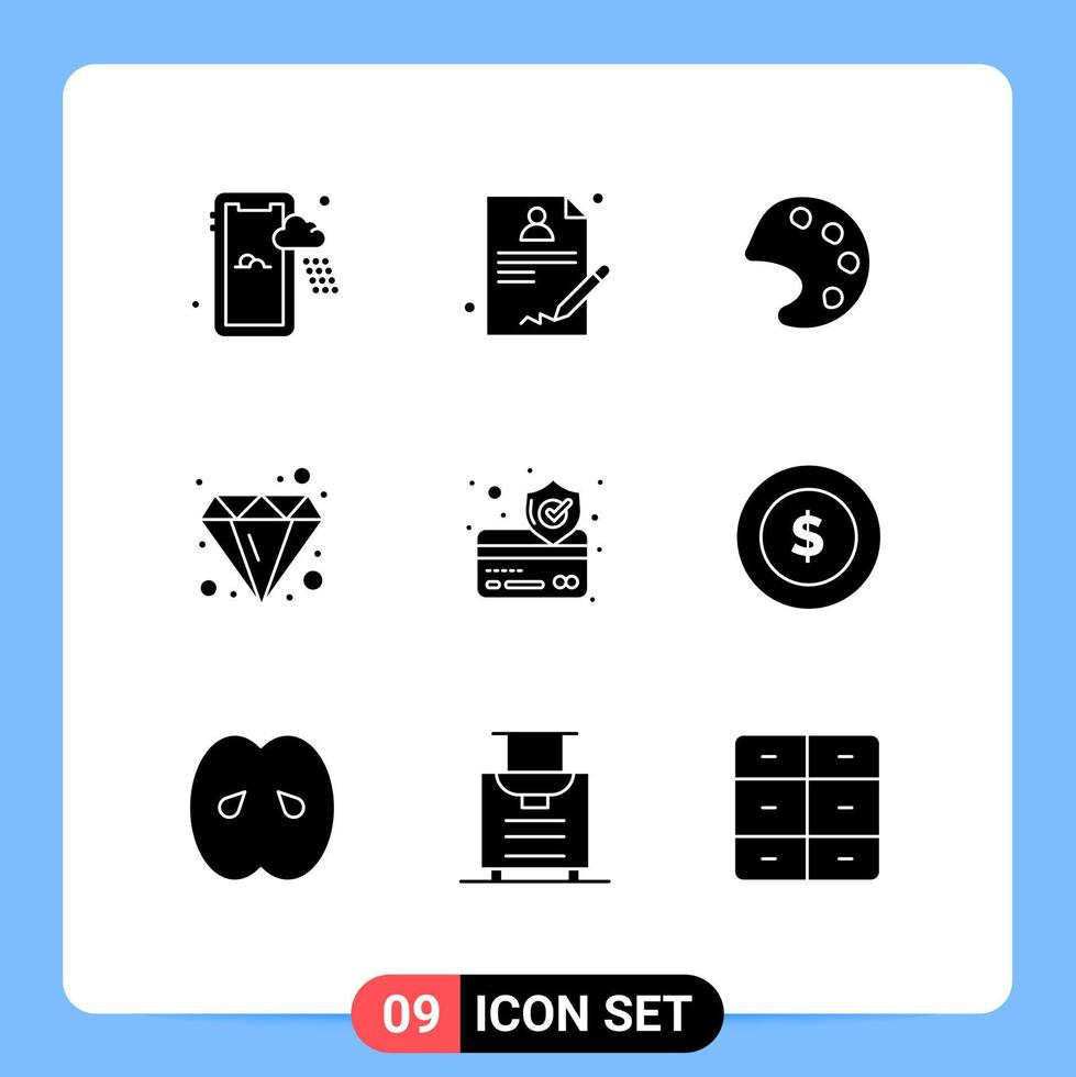 conjunto de glifos sólidos de interface móvel de 9 pictogramas de ferramentas logísticas seguras joias de pagamento editáveis elementos de design vetorial vetor