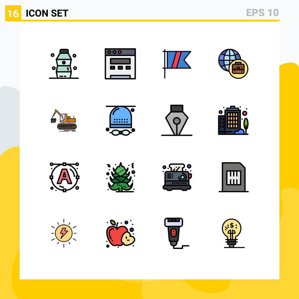conjunto de pictogramas de 16 linhas cheias de cores planas simples de atividades de jogo construção de caminhões esportivos elementos de design de vetores criativos editáveis