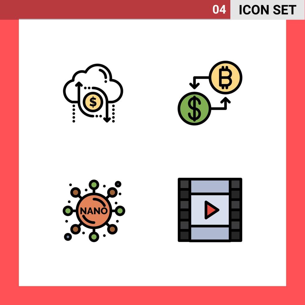 conjunto de cores planas de linha preenchida de interface móvel de 4 pictogramas de elementos de design de vetor editável de seta de química de nuvem