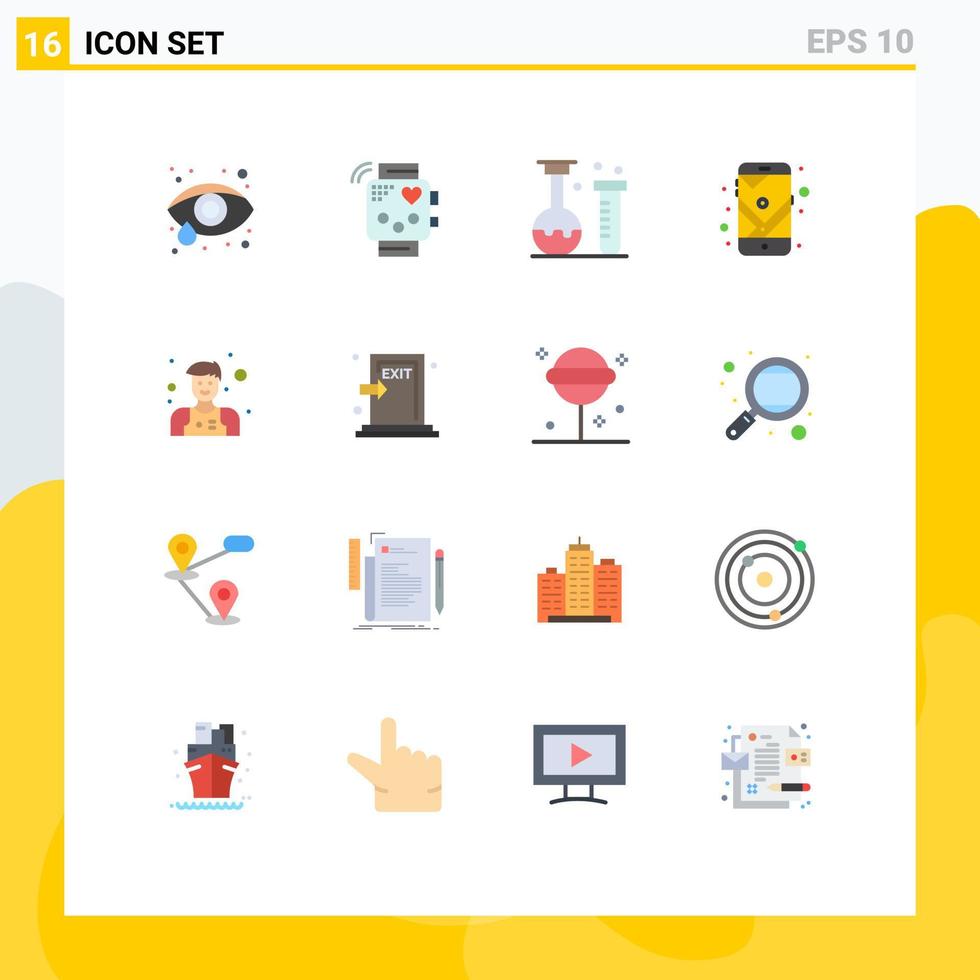 conjunto de cores planas de interface móvel de 16 pictogramas de química de navegação assistente pacote editável de elementos de design de vetores criativos
